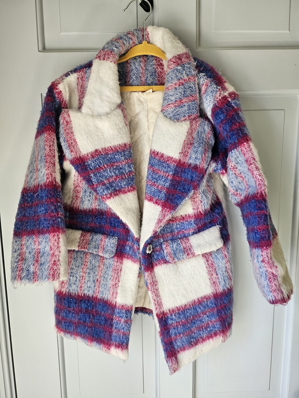 Girls Fuzzy Plaid Longline Coat in White, Blue & Pink